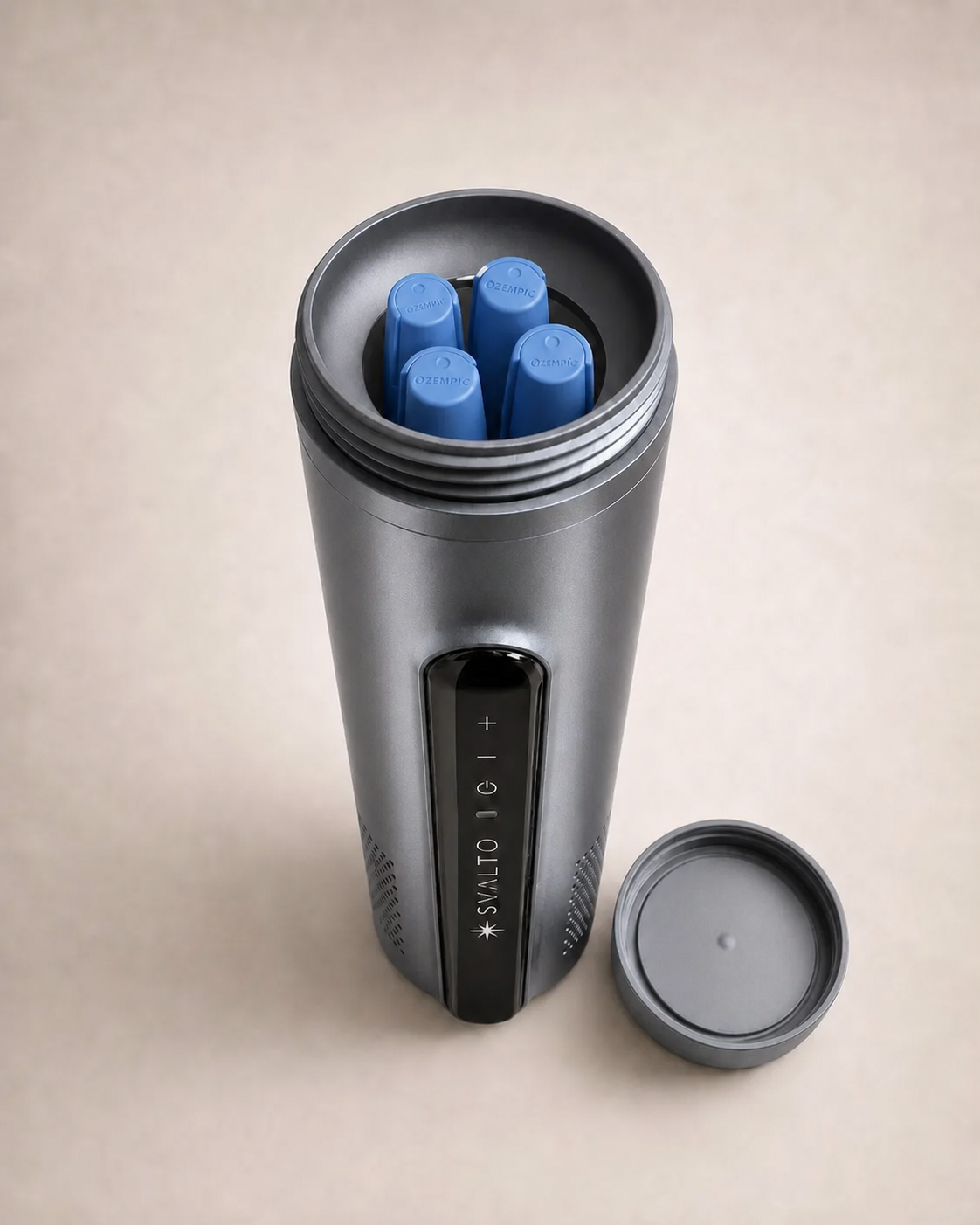 Titanium Svalto Cooler Pro — open chamber loaded with Ozempic pens