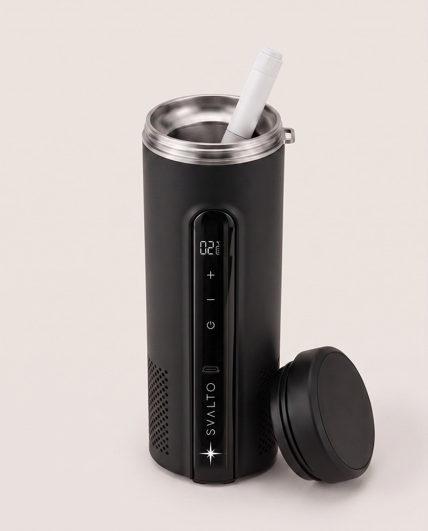 Onyx Black Svalto Cooler Pro — open, showing the stainless-steel cooling chamber