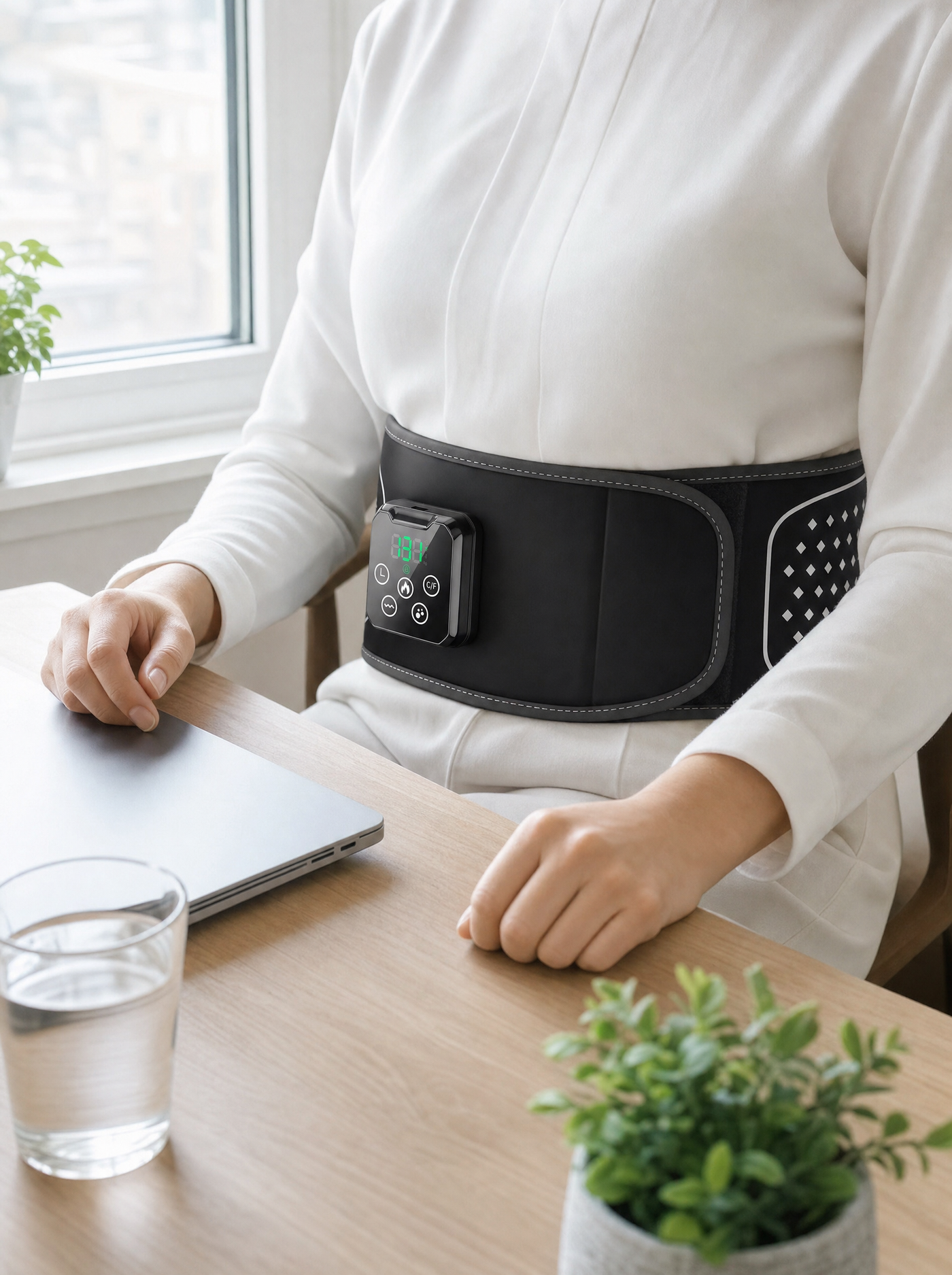 Wearing the Svalto Transit Belt at a desk after lunch