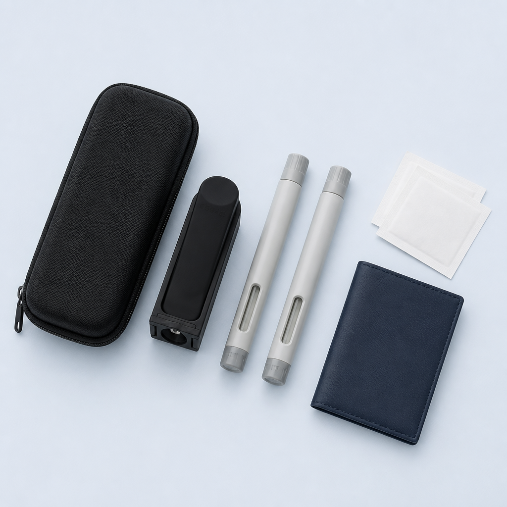 Injection-day travel flat-lay