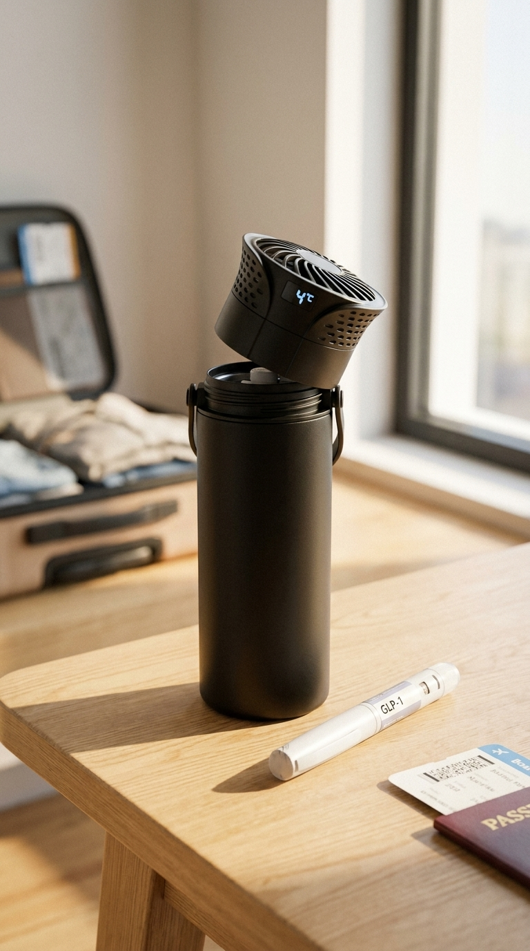 Svalto cooler open with GLP-1 pen, passport and boarding pass ready for travel