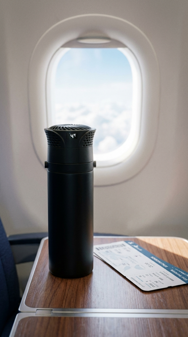 Svalto cooler on an airplane tray table keeping medication cold in flight