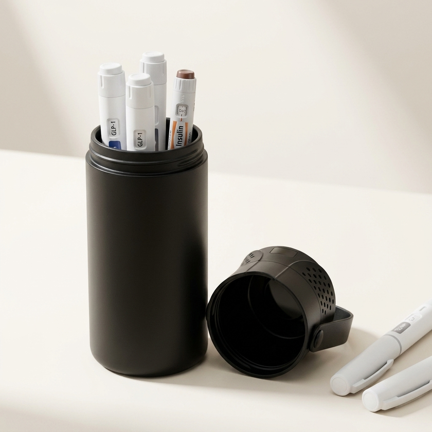 Svalto cooler holding multiple GLP-1 and insulin pens, showing capacity