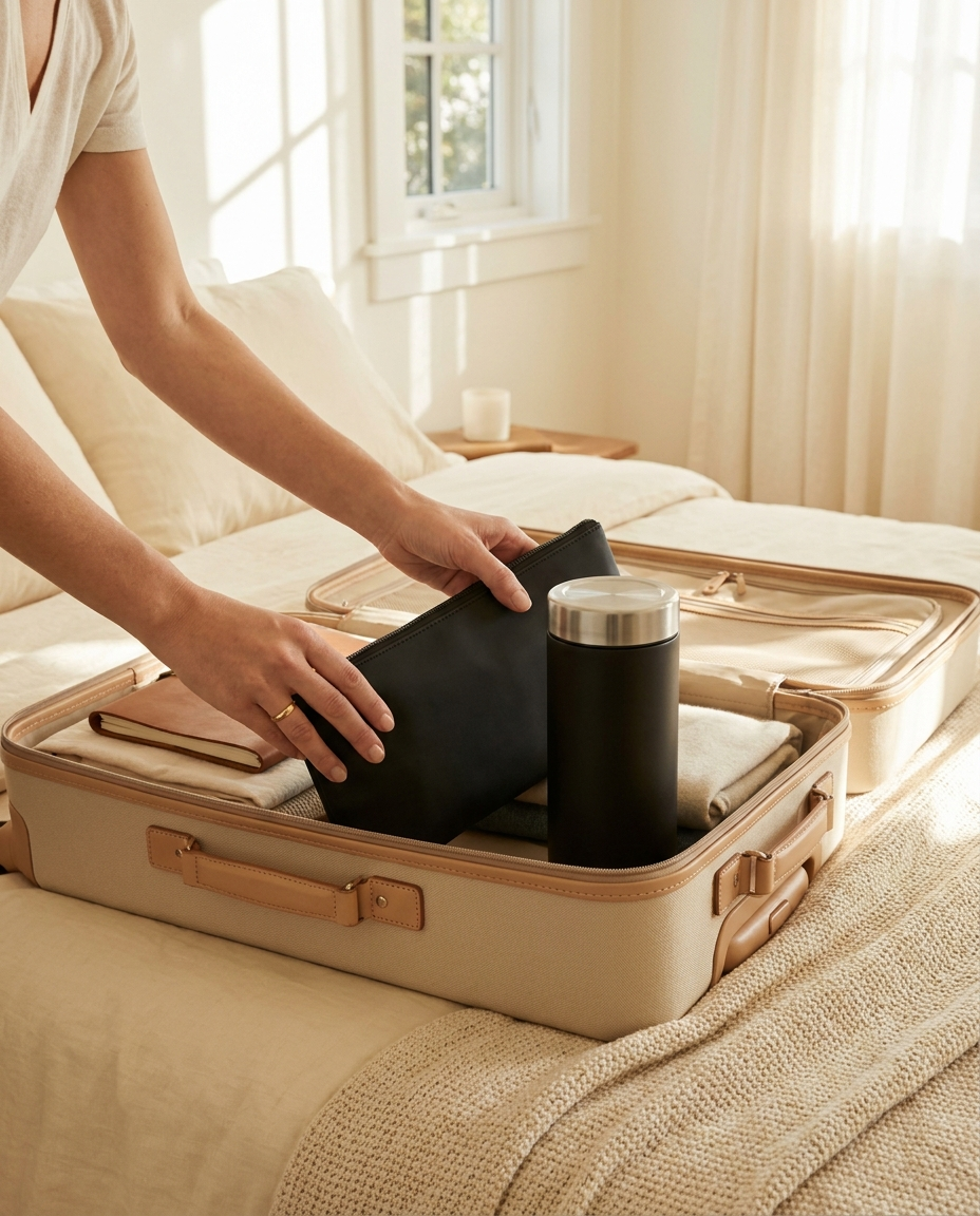 Svalto Injection-Day Kit zip case packed in a carry-on beside the Svalto Cooler