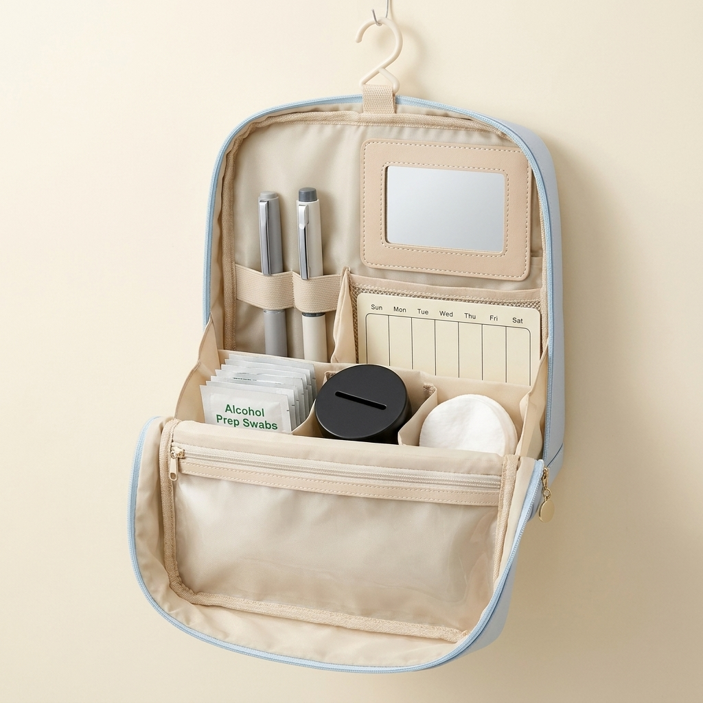Svalto Injection-Day Kit — open organizer with swabs, sharps tin and weekly dose tracker