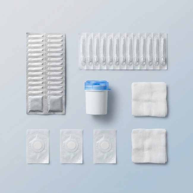 Svalto Refill Club monthly injection supplies — alcohol pads, pen needles, sharps bin, bandages