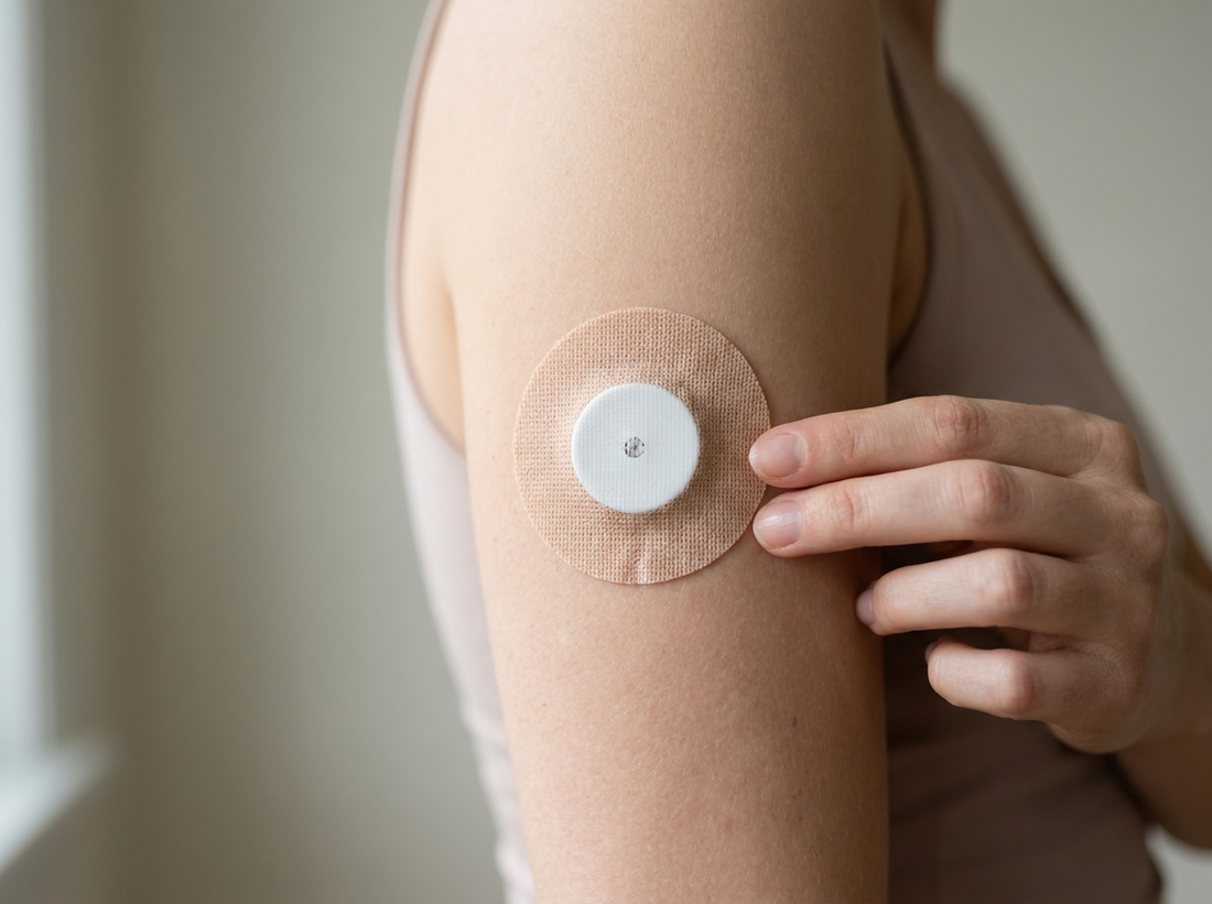 Svalto CGM shield patch applied over a glucose sensor