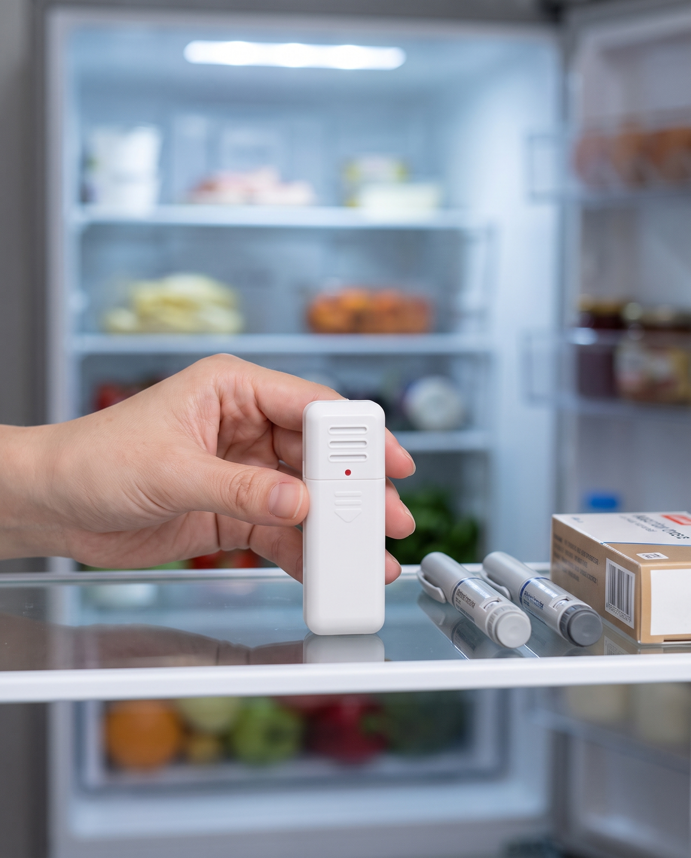 Placing the wireless sensor on the fridge shelf beside medication pens