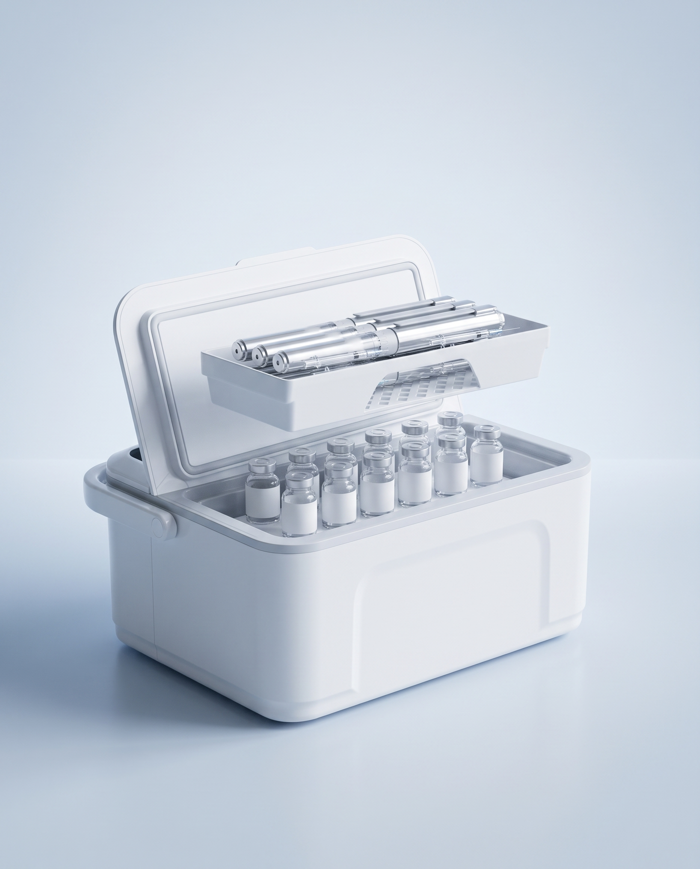 Double-layer interior — pens on the tray, vials below