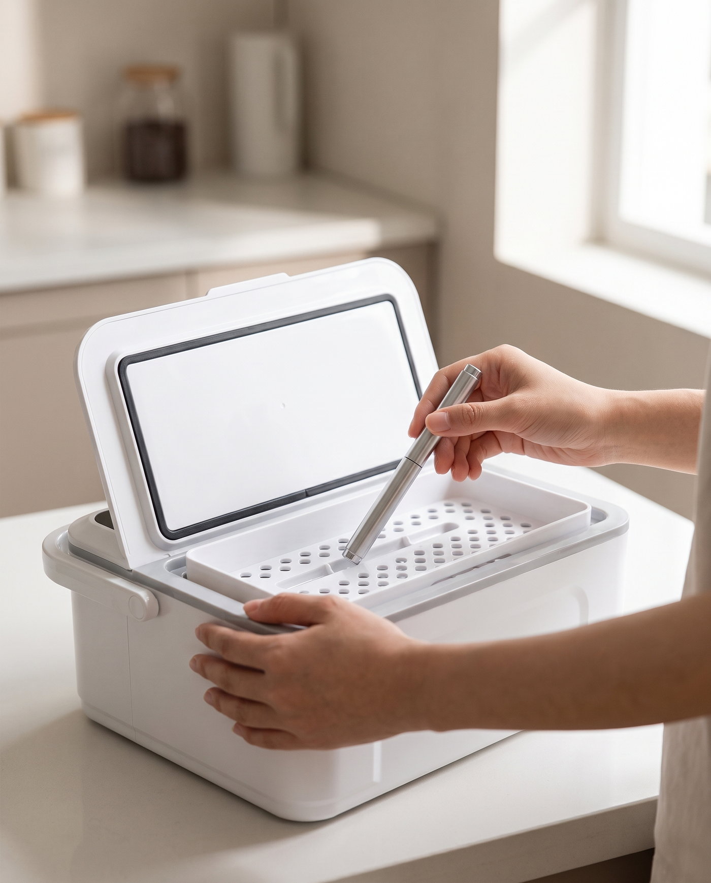 Placing an injection pen into the tray