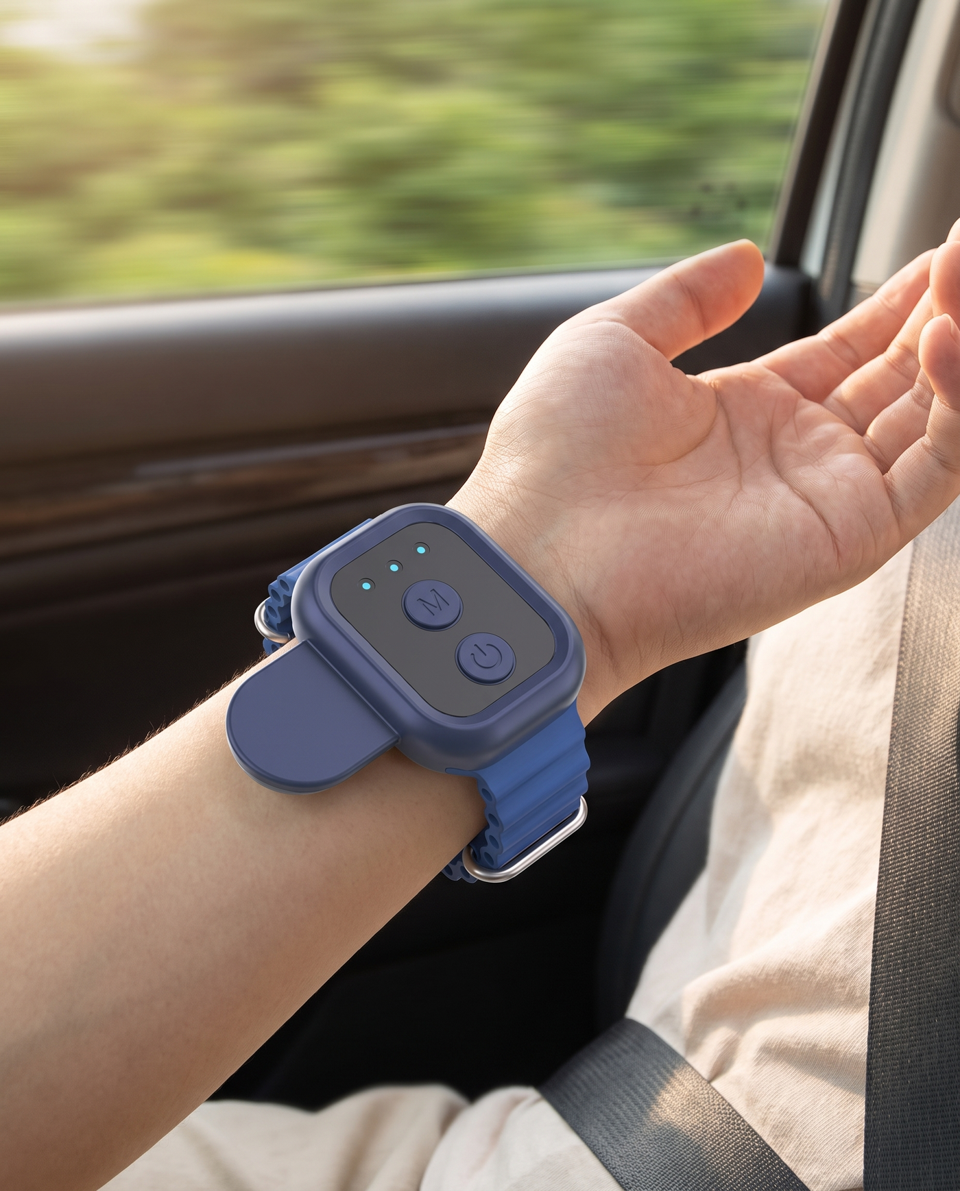 Svalto Steady worn on the inner wrist in the car as a passenger